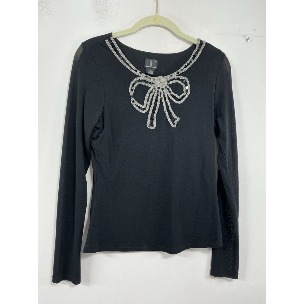 Womans Inc. Long Sleeve Pullover Blouse Black Mediumsheer Sleeves Embroidered